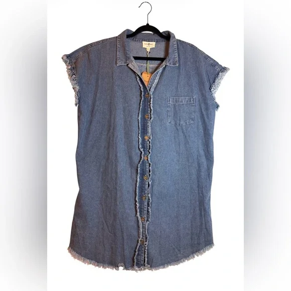 Umgee ⭐️ Denim Button Front Shirt Dress XL NWT Frayed Hem Oversized ✨ - Picture 3 of 7